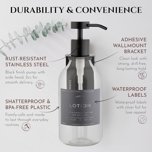 Shower Shampoo Dispenser Wall Mounted – 3 Refillable 16.9 oz Clear Bottles with Stainless Steel Pumps & No-Drill Adhesive Holders – Soap Dispenser Set for Bathroom (3 X Clear/Black) - image 5