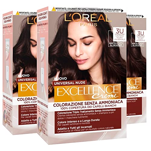 L'Oréal Paris Excellence - Crema universal para coloración permanente castaño oscuro 3U triple tratamiento - 3 tonos