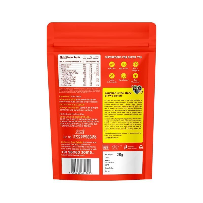 Image of Yogabar FlaxSeeds 500g (250g*2, Pack of 2) | Buy 1 Get 1 Free | Rich in Omega-3 & Antioxidants | Supports Skin Health, Gut Health & Weight Management | Superfood for Healthy Eating