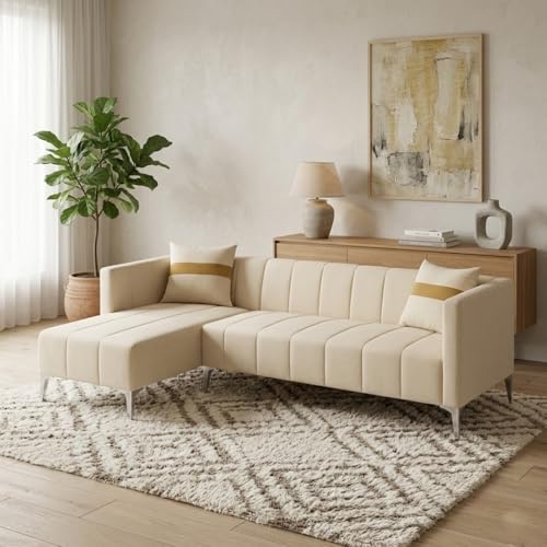 Image of Solomon Luxe Velvet-Suede Fabric 5 Seater LHS L Shape Sofa | Comfortable & Spacious Seating | Modern Sofa for Living Room - Cream