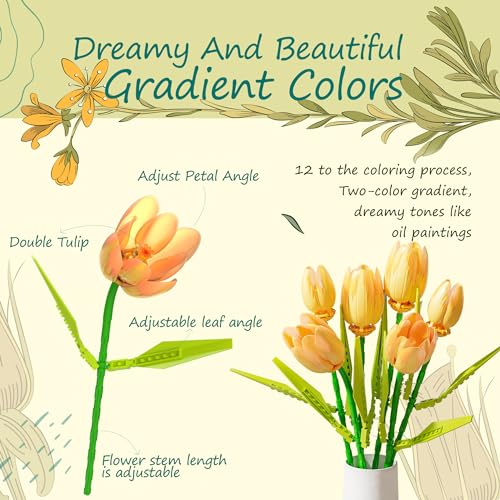 Image of ZONECYTD Flower Bouquet Building Toy Set Tulips Artificial Flowers, Plant Botanical Building Blocks for Adults Home Office Decor Compatible with Lego Orange Color