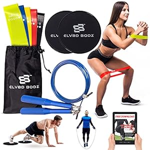 5-Resistance-Loop-Bands-2-Core-Foot-Sliders-1-Jump-Rope-Set-of-9-for-Leg-Booty-or-Full-Body-for-Working-Out-at-Home-Gym-Accessories-for-Cardio-and-Strength-Training-E-Book-Included-ELV8D-BODZ 5 Resistance Loop Bands 2 Core Foot Sliders 1 Jump Rope Set of 9 | for Leg Booty or Full Body | for Working Out at Home Gym | Accessories for Cardio and Strength Training. E-Book Included -ELV8D BODZ