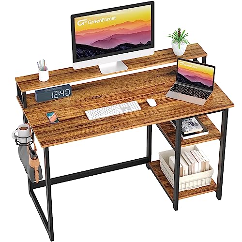 GreenForest Escritorio con Reposamonitores Ergonómico | Escritorio Marrón 120 x 55 cm con 2 Estantes Regulables y Montaje Reversible | Mesa de Ordenador para Oficina en Casa, Estudio y Gaming, Marrón