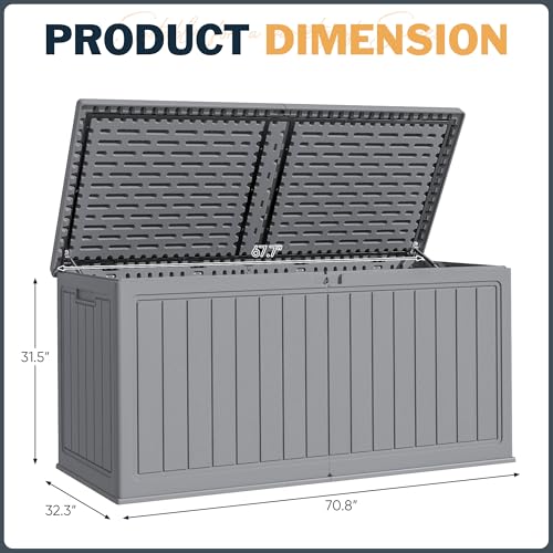 Image of Greesum 260 Gallon HDPE Outdoor Storage Box - Waterproof, Large Capacity Deck Box with Removable Dividers for Patio, Yard, Garden Tools, Light Grey