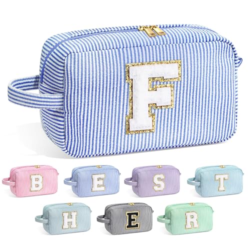 Image of YOOLIFE Gifts for Women Teen Girls Kids - Initial Makeup Bag Cosmetic Case Toiletry Pouch, Birthday Gifts for Women Friends Sister Teacher, Blue F