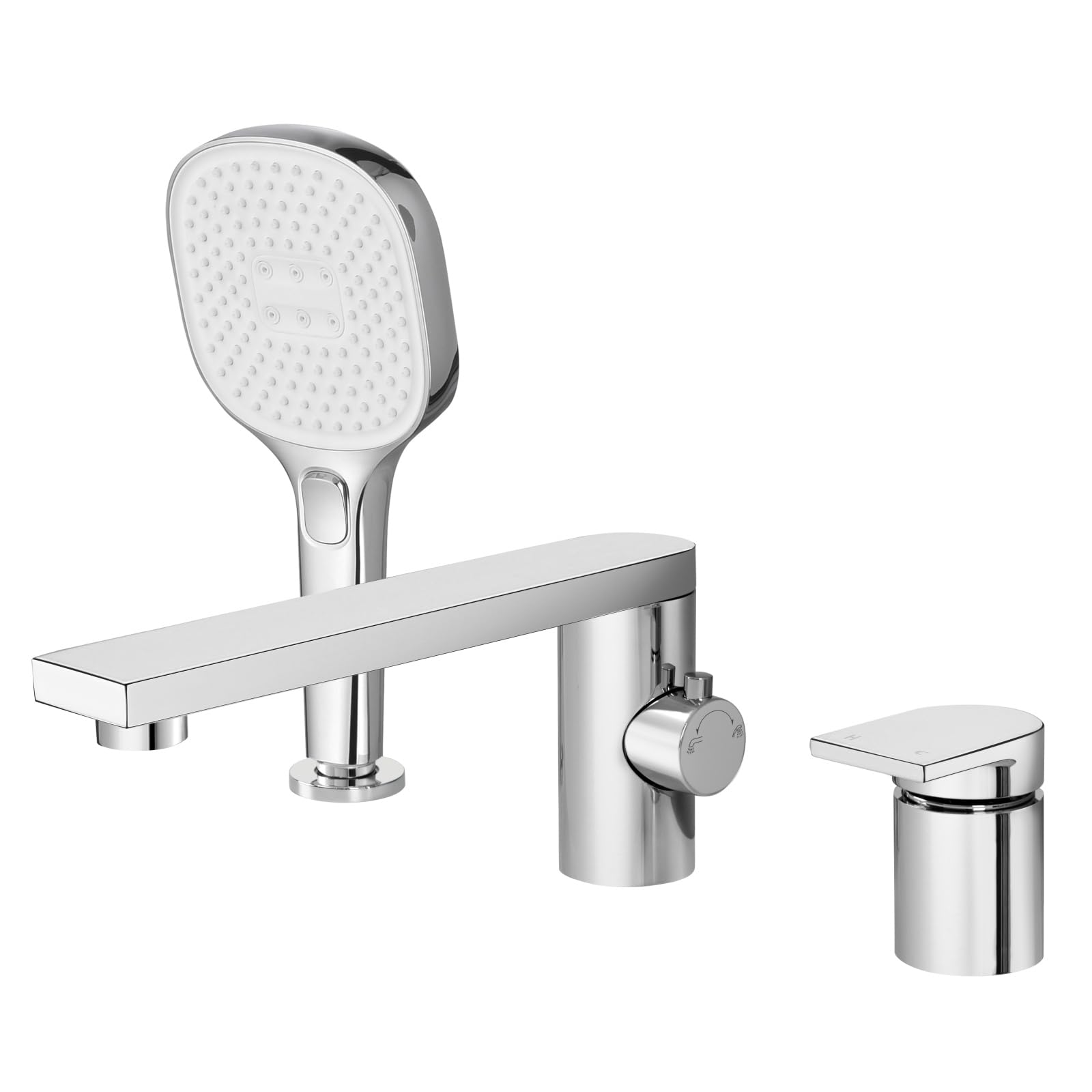 PHASAT 3 Loch Badewannenarmatur mit Ausziehbarem Handbrause, Wannenrand Badewanne Armatur Set, Wannenrandkombination aus Messing für Badezimmer, Chrom PTBC21E