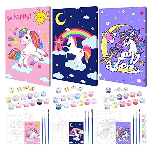 Frasheng 3 Piezas Pintar por Numeros Unicornios, DIY de Dibujo para Niños, Kit Pintura al óleo, 30 x 20cm
