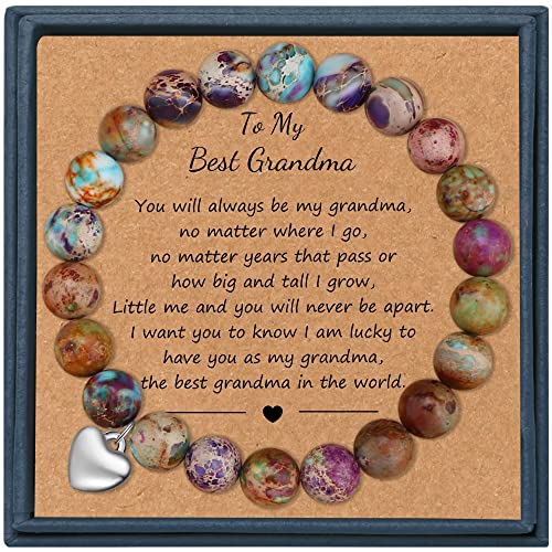 Alebee Grandma Birthday Gifts Natural Gem Stone Bracelet Elastic Bead Heart Charm Beaded Bracelet Yoga Healing Happy Birthday Grandma Gifts For Mother’s Day Christmas Thanksgiving Nana Gifts Bracelet #TOP16