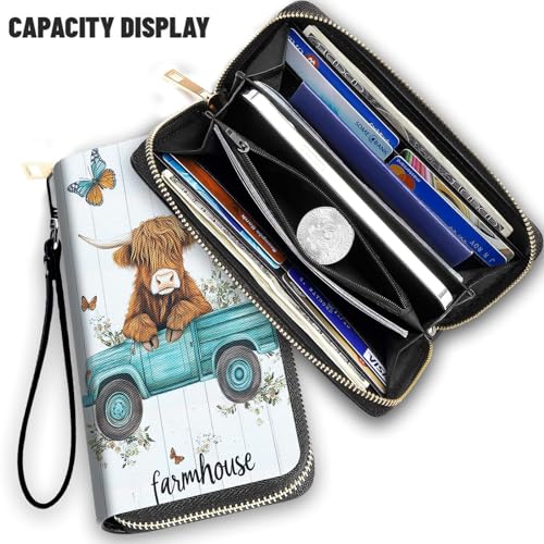 Wallet,Large Capacity RFID Blocking Leather Wallet, Durable Smooth Zipper Clutch,Unisex Travel Wallet for Cards,Cash,and Coins - Highland Cow Truck2