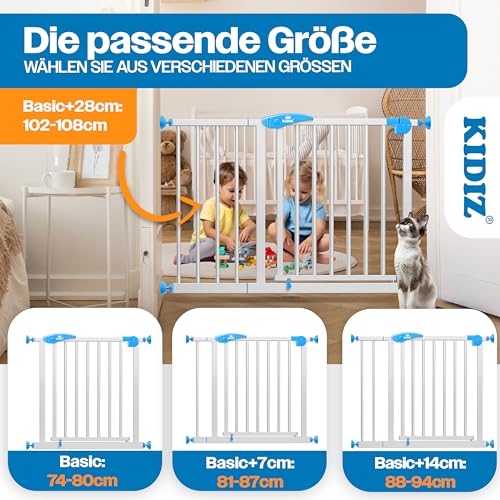 KIDIZ Treppenschutzgitter ohne Bohren | Verstellbare Breite: 88-94 cm, 75 cm hoch, Türschutzgitter und Absperrgitter für Kinder und Hunde, Beidseitige Einhand Öffnung, 90° Open-Stop System, Weiß/Blau