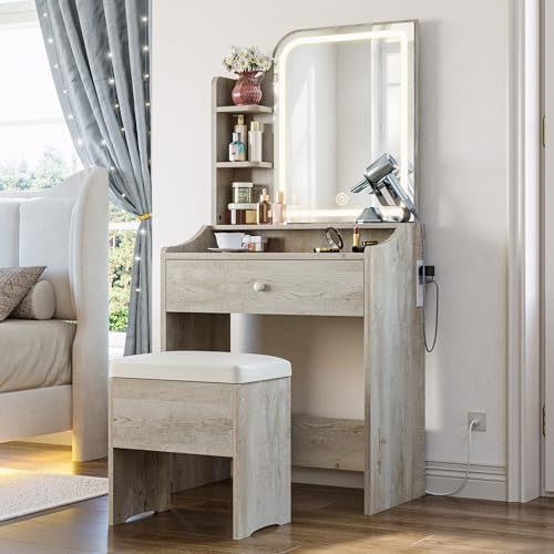 Image of LIKIMIO Small Vanity Desk with Mirror Lights and Storage Stool | White Walnut compact vanity with 3 light modes, charging station, storage drawer, 3 shelves and upholstered stool