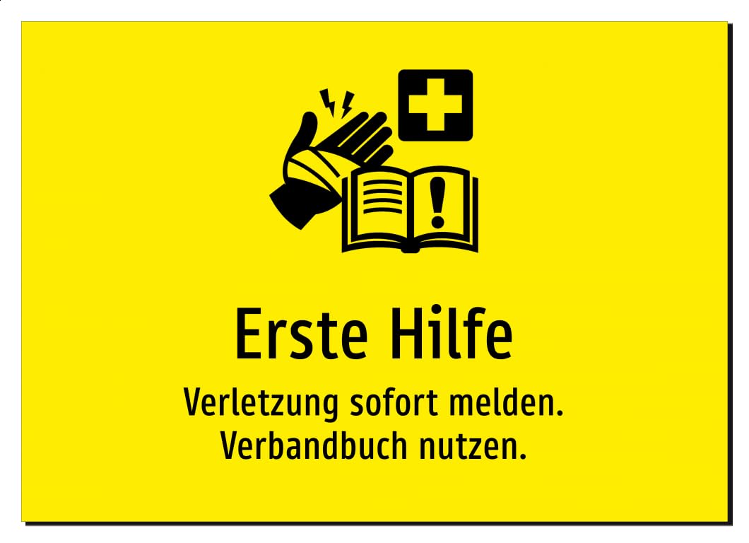 36252-DE-S-08 | Erste Hilfe - Verletzung sofort melden. Verbandbuch nutzen | Aluminiumschild A3, 420 x 297mm | mit Symbolgrafik und Text