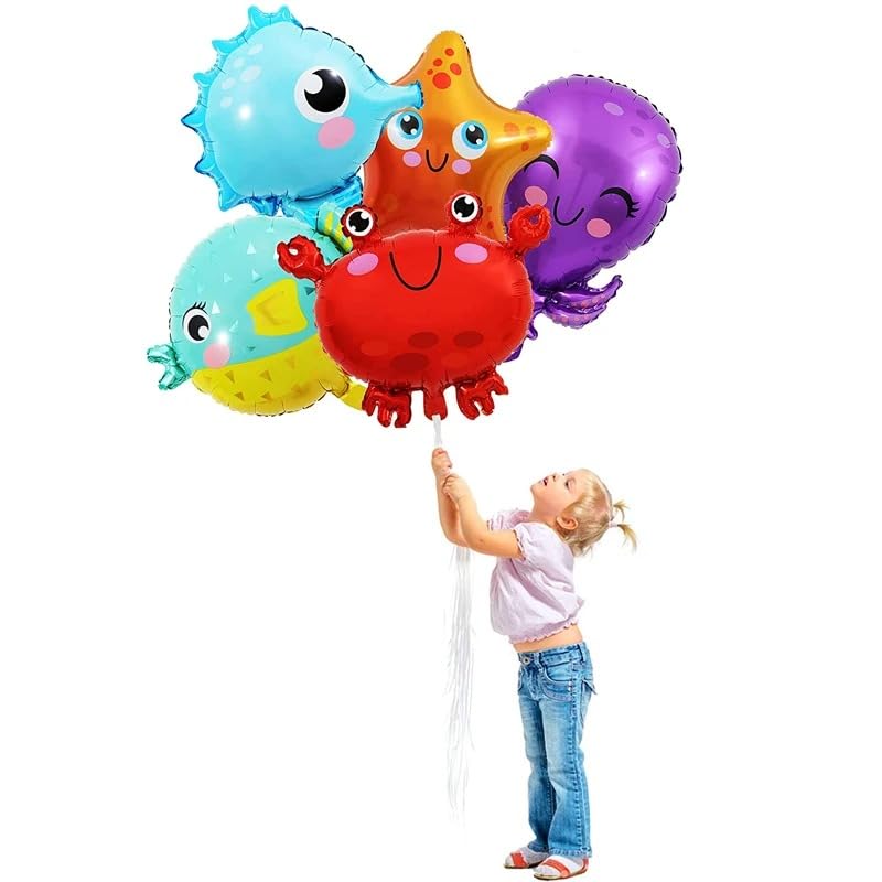 Image of Atpata Funky 5pcs Aquatic Theme Foil Balloons Set - Starfish, Seahorse, Octopus, Crab, and Fish Shapes - For Underwater Ocean Party Decorations for unisex Kids Birthday Celebrations