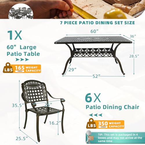 Image of MEETWARM 7-Piece Outdoor Furniture Dining Set, All Weather Cast Aluminum Patio Garden Set with 6 Chairs, 1 Rectangular Table, 2 inch Umbrella Hole, Dark Bronze