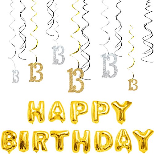 MAGJUCHE 13th Birthday Decorations Kit-Gold Silver Glitter Happy 13 years old Birthday Banner & Sparkling Celebration Hanging Swirls, Party Supplies