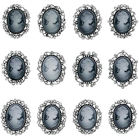 WeimanJewelry Lot 12pcs Crystal Rhinestone Flower Vintage Victorian Cameo Brooch Pin Set for Women (Antique Silver) Cover