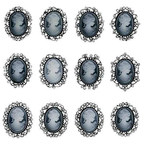 WeimanJewelry Lot 12pcs Crystal Rhinestone Flower Vintage Victorian Cameo Brooch Pin Set for Women (Antique Silver)