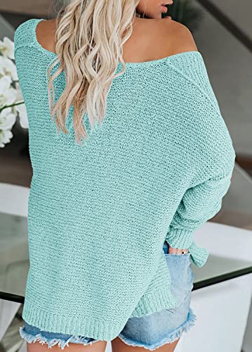 Image of Women's Off Shoulder Knit Sweaters Oversized V Neck Long Sleeve Loose Lightweight Pullover Tops