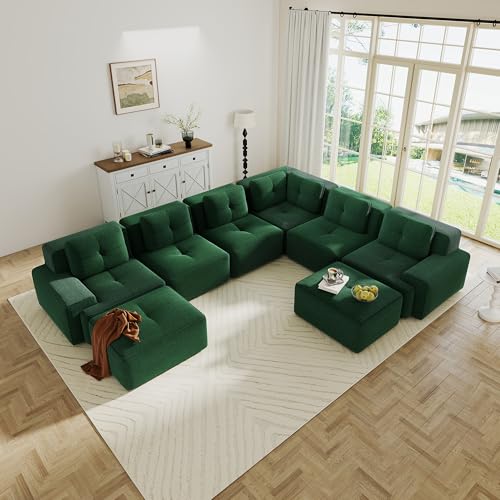 Image of 151.1 inch Large Modular Sectional Sofa for Living Room, 6-Seater V-Shaped Corner Sofa, Comfy Boneless Couch with 2 Movable Ottomans, Corduroy Design for Family Space, No Assembly, Green