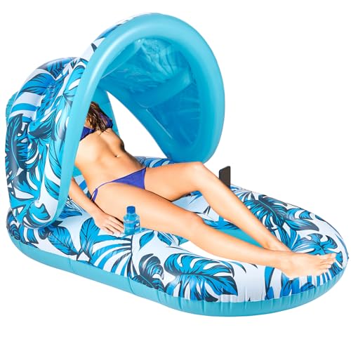 Inflatable Pool Float with Canopy - Comfort Reclining Lounge, Sun Shade & Cup Holders | Portable UV Protection Raft for Summer, Anti-Leak Design Pool Float Lounger for Adults for Travel Beach Pool