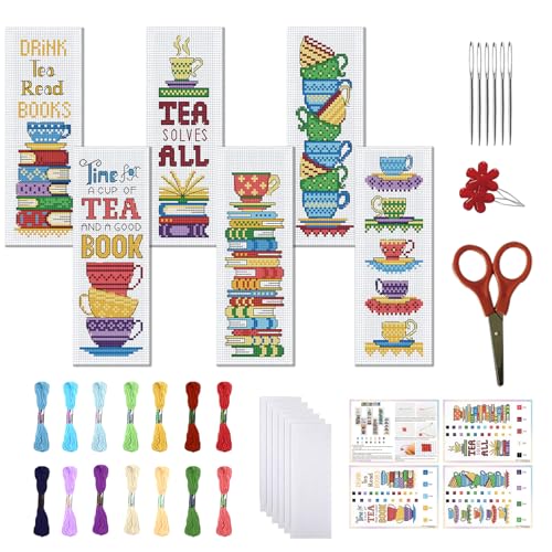 Image of FREEBLOSS 6 Set Cross Stitch Bookmark Kits Book Teacup Pattern Stamped Cross Stitch Kit 11CT Embroidery Kit with Instructions for Beginners 20x6cm /8x2.4inch