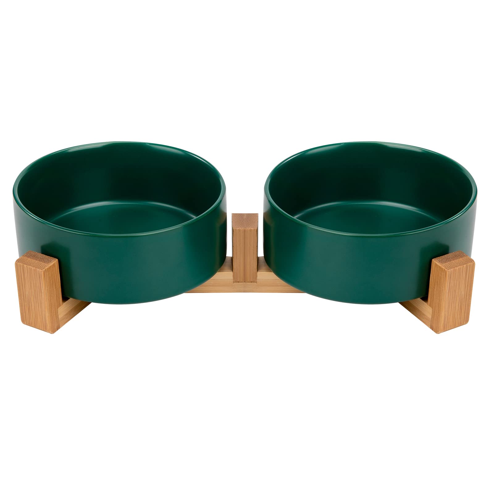 Cuenco del Gato y Perro Pequeño 2 x 400ml Comedero y Bebedero de Cerámica con Soporte de Bambú Doble Tazón de Alimentación para Mascota Verde