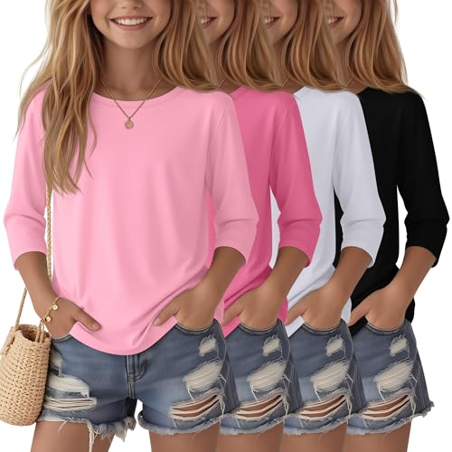 Image of 4 Pack Girls 3 /4 Sleeve T Shirts Kids Crewneck Elbow Sleeve Casual Tops Solid Basic Cute Teen Tees 5-14Y