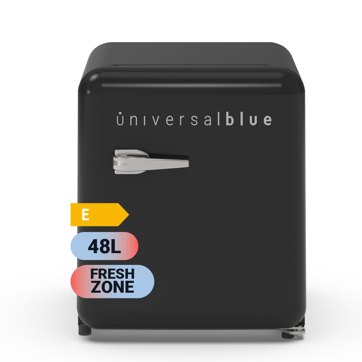 UNIVERSALBLUE | Minibar Vintage Negro 48L | Incluye Zona Fría 0 a -3ºC | Sistema Silencioso | Control Mecánico | Estilo Retro| Bajo Consumo | Totalmente Equipado
