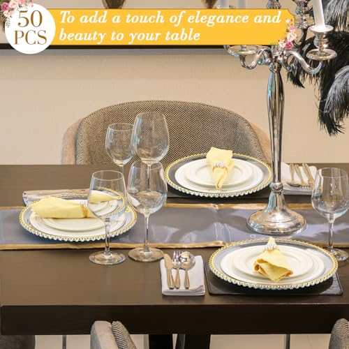 50-Set-100-Pcs-Clear-Charger-Plates-Bulk-and-Napkin-Rings-13-Plastic-Round-Dinner-Chargers-Serving-Plates-with-Beaded-Rim-Clear-Table-Decorative-Plates-for-Party-Wedding-EventGold