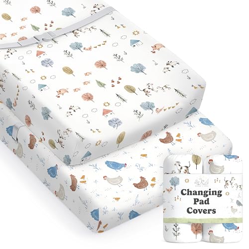 Image of Baby Changing Pad Cover 2-Pack for Boys, Girls (Farm Animals) - Premium Fitted Sheets Baby Diaper Changing Table Cover - Buttery Soft Cotton Blend