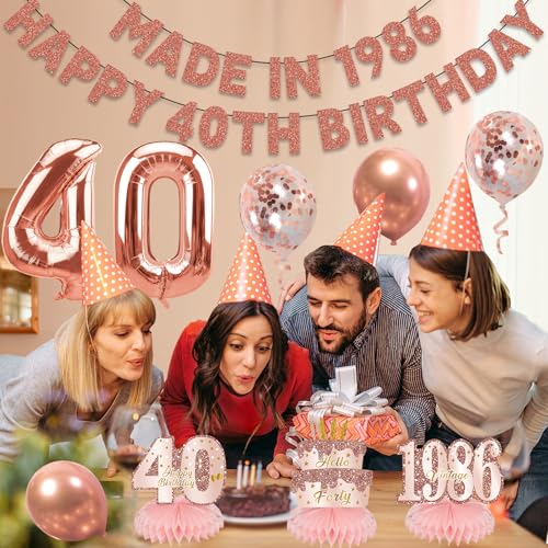 Image of Zirtorei 40th Birthday Decorations Kits for Women, 10pcs Pink Rose Gold Made in 1986 Banner Happy 40th Birthday Balloons, 40 Bday Table Honeycomb Centerpieces Hello Forty Party Supplies