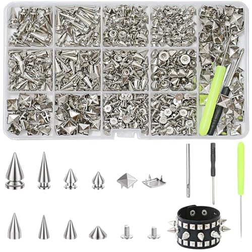 XKCWXY 600 Sets Punk Studs and Spikes Kit8 Size Cone Spikes and Square Pyramid Studs for Clothing Metal Tree Spikes Studs for Leathercraft and Punk Style Clothing Accessories DIY Craft Decoration