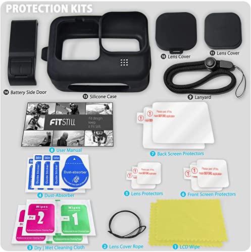 Fitstill Silicone Sleeve Case For Go Pro Hero 11 /Hero 10 /Hero 9 Black, Battery Side Cover & Screen Protectors & Lens Caps & Lanyard For Go Pro Hero 11 /10 / 9 Accessories Kit #TOP5