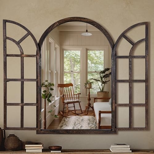 Arched Wall Mirror with Window Design, 36'x24' Rustic Farmhouse Wood...