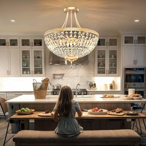 DWVO Crystal Gold Ceiling Light, 20in Modern Vintage Crystal Chandelier, 5-Light Semi Chandelier Close to Ceiling Light Fixture for Living Room Kitchen Entryway Bedroom Dining Room - E12 Base