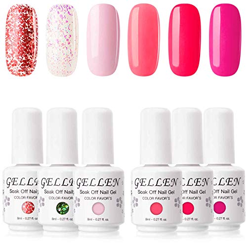 Gellen Gel Nail Polish Set - Sweet Roses Collection Bright Vivid Hot Pinks 6 Colors, Popular Pure Glitters Mixed Nail Gel Polish Colors Home Gel Manicure Kit