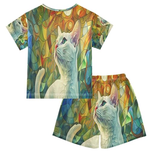 senya Short Sleeve Pajamas Sets Summer Cotton Sleepwear Stained Glass Cat2