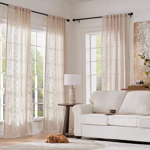 Image of jinchan Ivory Floral Linen Curtains for Living Room 108 inch Back Tab 2 Panels