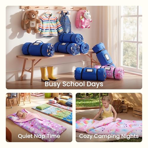 Image of JOIEDOMI Toddler Nap Mat with Removable Pillow and Minky Blanket 55''x30'' Kids Sleeping Bag for Boys and Girls Ages 3-6 Roll Up Soft Nap Mats for Preschool Kindergarten Daycare Sleepover