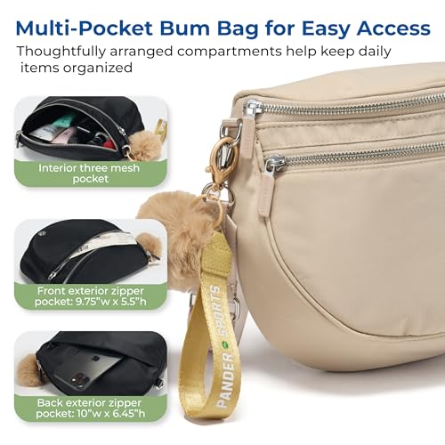 Image of Pander Crossbody Bum Bag for Women, Everyday Nylon Shoulder Bag with Pompom Keychain Wristlet Bag Charm, Adjustable Strap