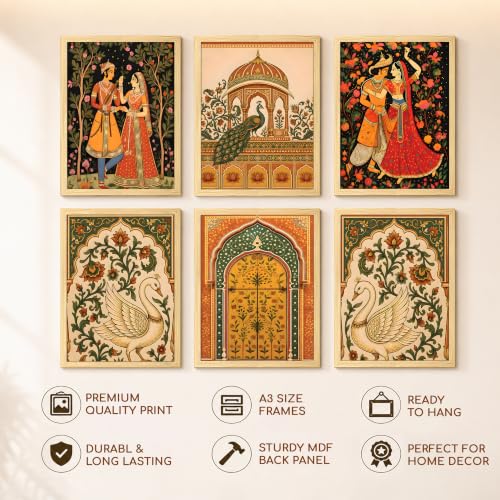 Image of PAINTINGMANTRA Madhubani Wall Paintings for living room, Rajasthani Floral Madhubani Wall Art Painting with frame for Home wall Decoration, Office, Set of 6, 9x13 Inch