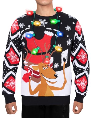 Cozople Ugly Christmas Sweater for Men Funny Light Up Knitted Xmas Reindeer Pullover Jumpers for Party New Year