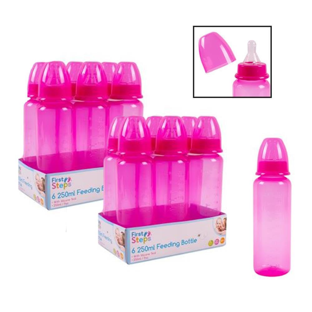 Pack of 12 Pink Baby Feeding Bottles 250ml with Silicone Teat 9oz Measuring Gauge BPA Free
