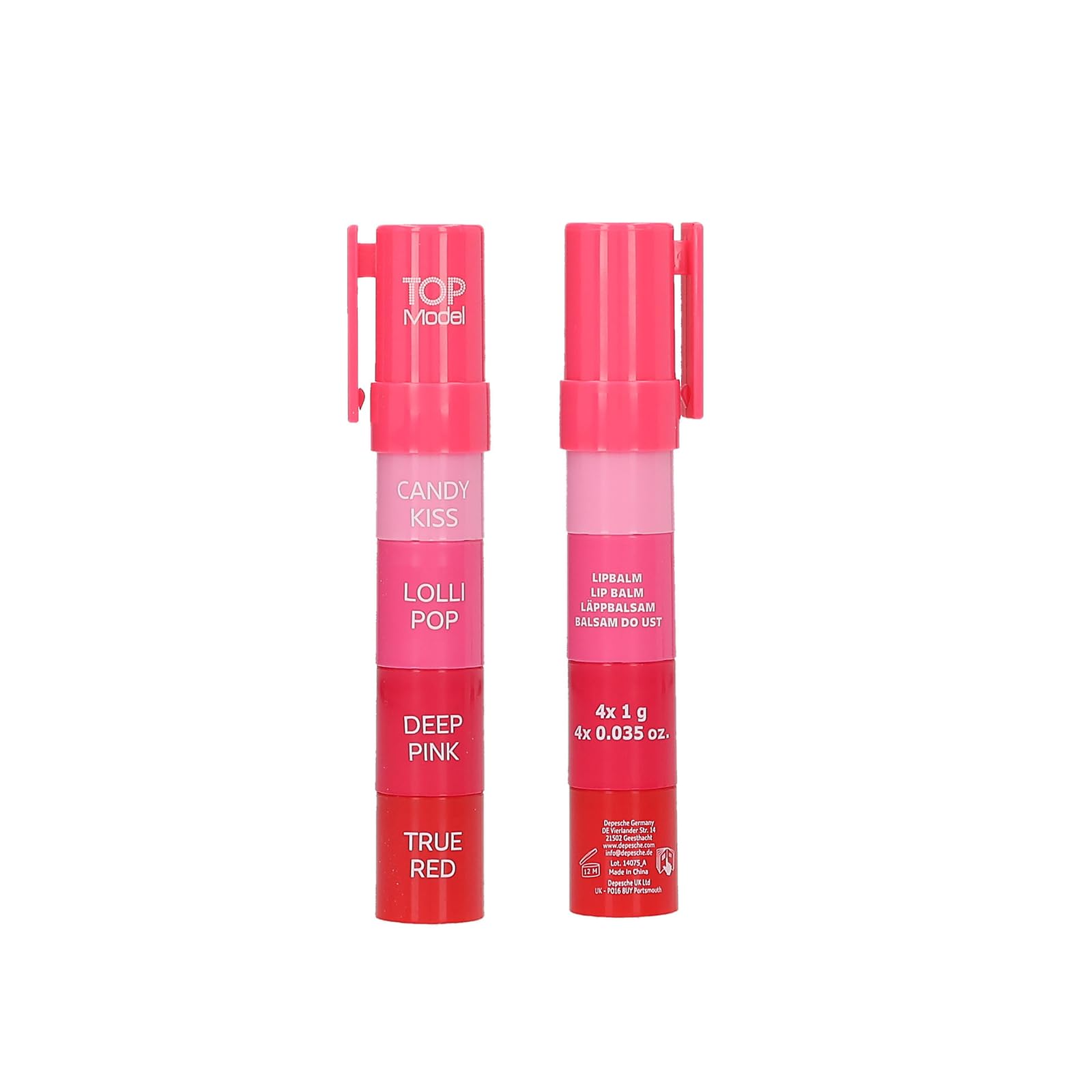 Depesche 14075 TOPModel Candy Glam Tinted Lipbalm - zestaw do pielęgnacji ust, z 4 indywidualnymi kolorami, od czerwonego do różowego, do łączenia, o słodkim zapachu waty cukrowej