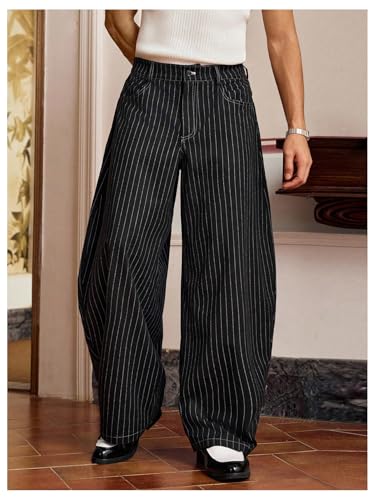 Men's 2025 Baggy Dress Pants Striped Wide Leg Pleated Pants Business Casual Trousers with Pockets2