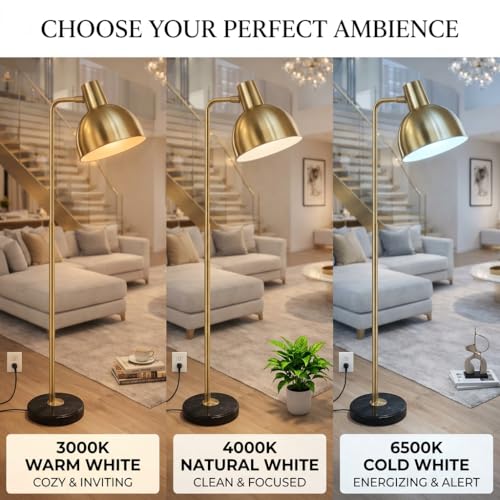 Image of Floor Lamp 3-Color CCT (Warm + Natural + Cold White) Gold Metal Standing Lamp for Living Room Bedroom Reading Corner Study