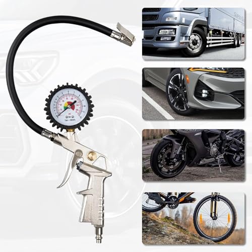 Image of Tire Pressure Gauge, 170 PSI Tire Inflator Gauge with Bike Presta Valve Adapter, 4 Valve Caps, Compatible with Cars, Suvs, Trucks and Motorcycles