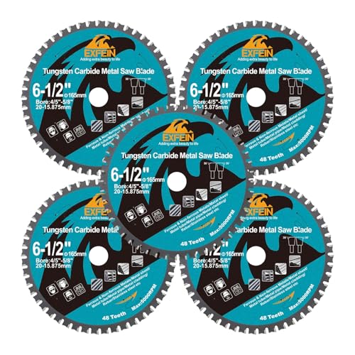 6-1/2" 48T Metal Circular Saw Blade - 5-Pack EXFEIN Tungsten Carbide Tipped Saw Blade Arbor 4/5" for Metal Sheet or Pipe, Angle Iron, Rebar, Ferrous Metals, Non-Ferrous Metals