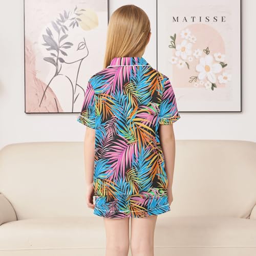 ALAZA Black Exotic Palm Leaf Satin Pajamas Set Short Sleeve Button Down Sleepwear Summer Pjs 2 Piece4