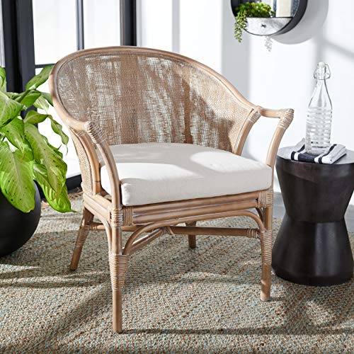 SAFAVIEH Home Collection Dustin Grey Rattan Cushion Accent Chair, White Washed/White